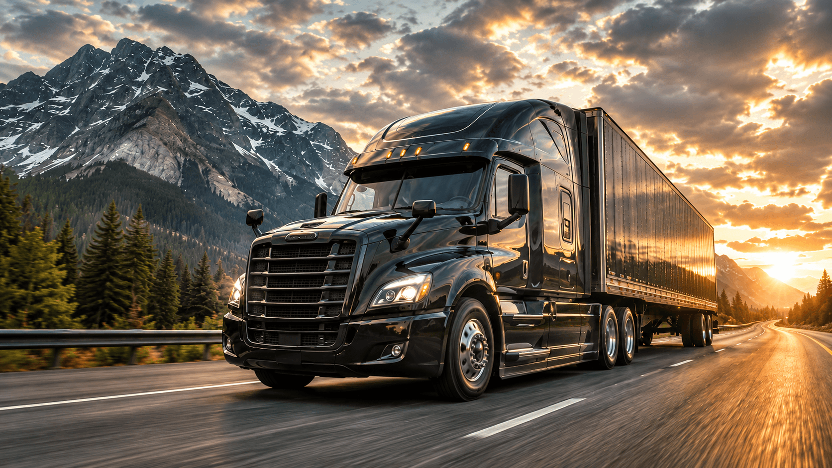 Black tractor trailer traveling through the mountains
