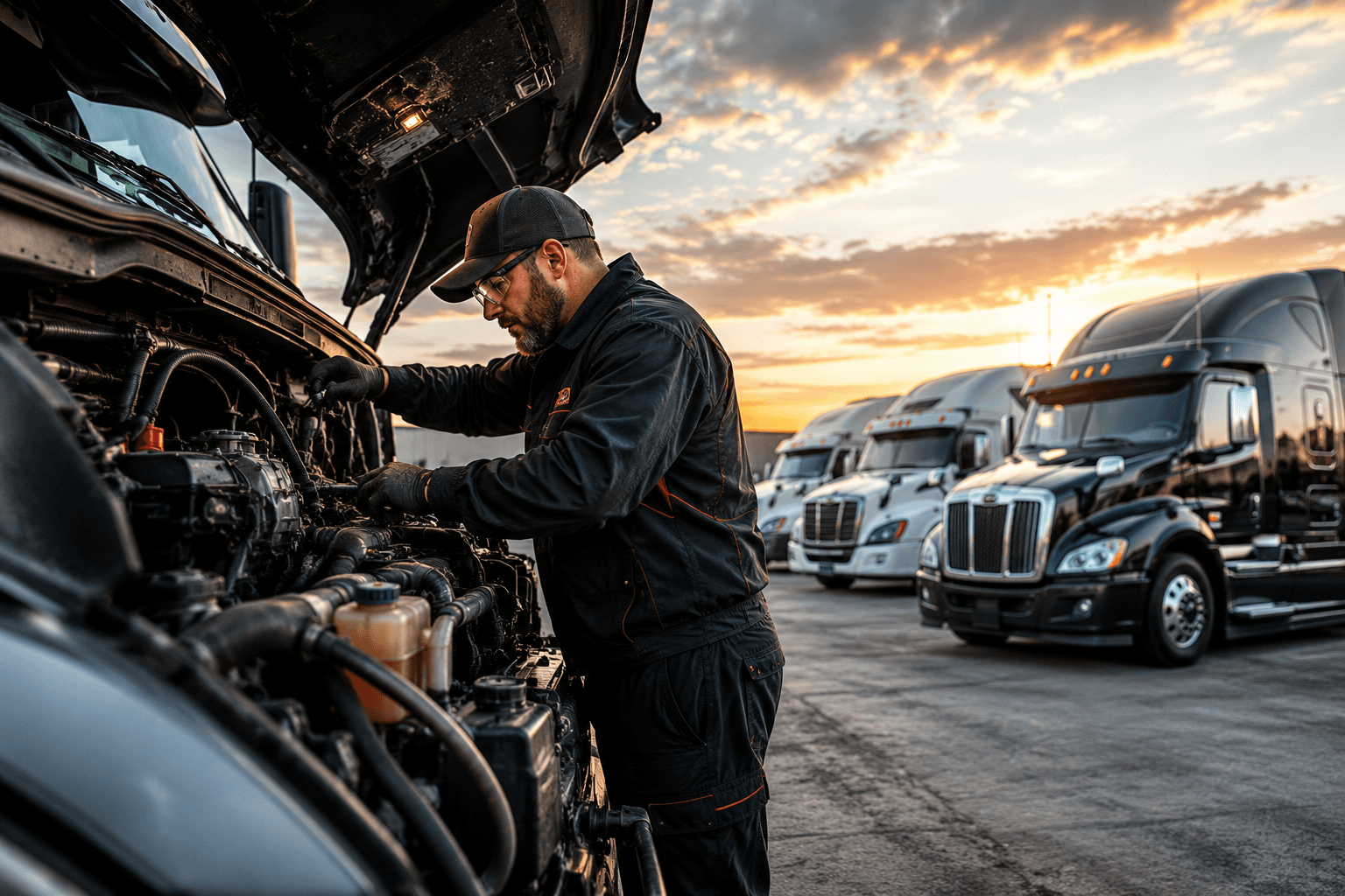 Technician repairing a tractor-trailer diesel engine