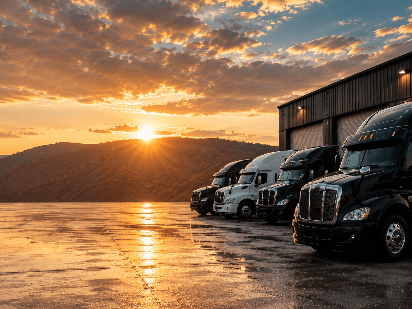 Commercial tractor-trailer fleet parked at sunset
