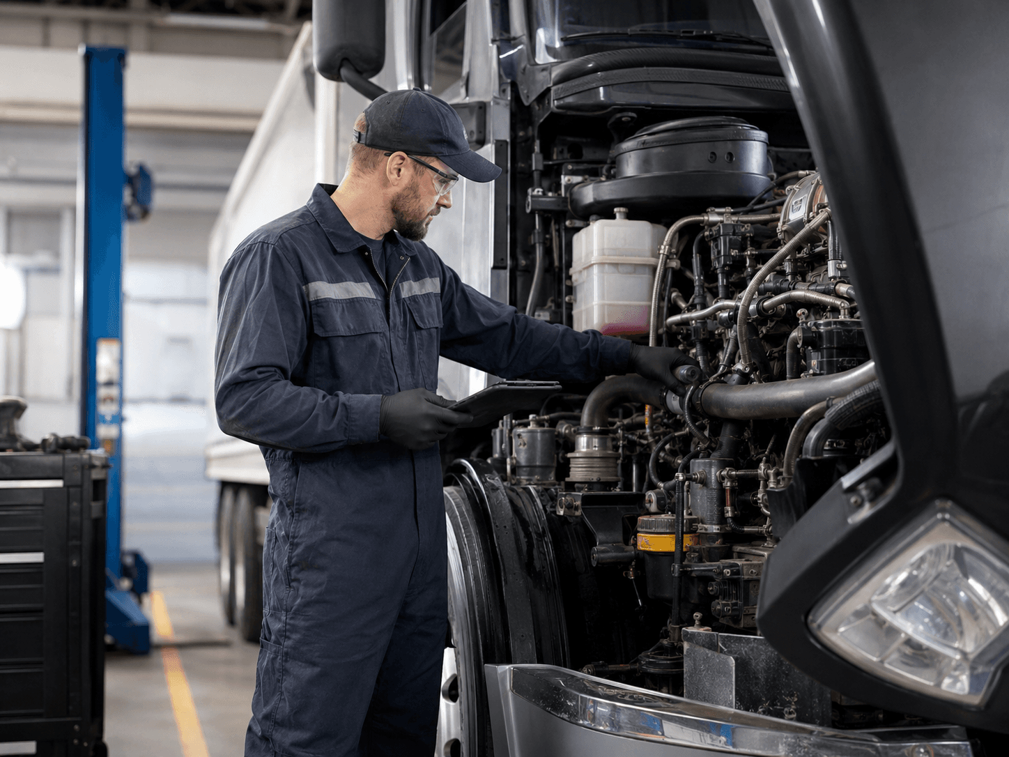 Preventive maintenance being performed on a tractor trailer